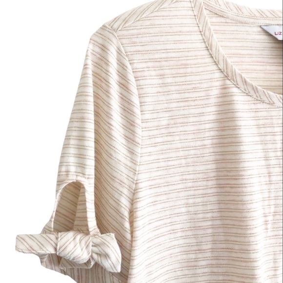 Liz Claiborne Cream Metallic Striped Tie Cuff Sleeves Pullover Top Medium - Picture 2 of 8